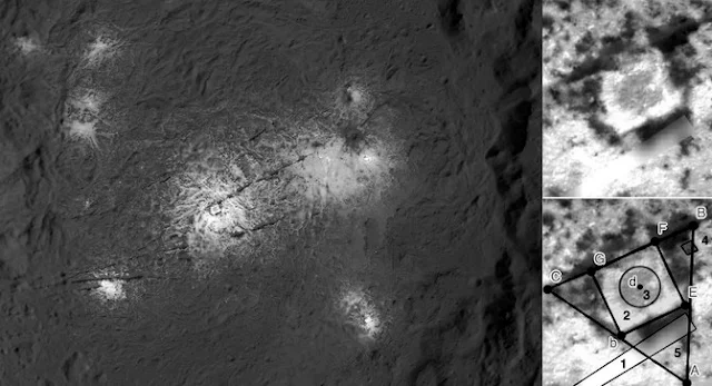 Image Attribute: Another perspective of the Vinalia Faculae region (rotated 180º from that above), taken by the Dawn probe. The researchers have observed the structure that appears in the central part, enlarged on the right, where the geometries that were most frequently detected by people are also indicated (below, indicated with numbers) / Original photo: NASA/JPL-Caltech/UCLA/MPS/DLR/IDA/PSI