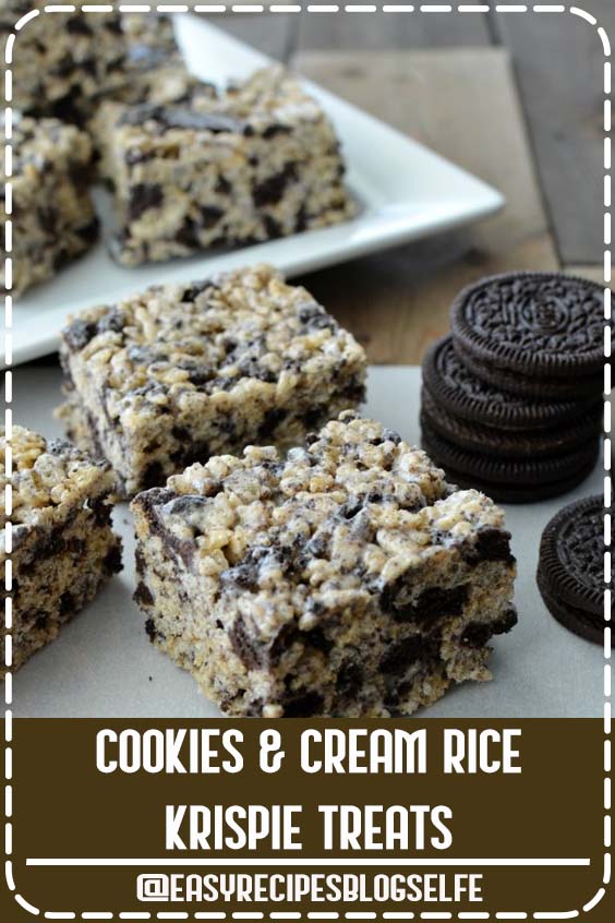 Cookies and Cream Rice Krispie Treats are a quick delicious treat that everybody will enjoy! They are soft and gooey with yummy chunks of Oreos throughout. Rice Krispie Treats have always been my go-to treat when I need something quick to feed a crowd. I am a sucker for anything with Oreos. So it was only  #EasyRecipesBlogSelfe #EasyRecipesTreats #Cookies #Oreo #Treats