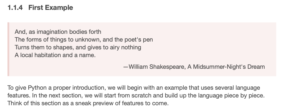 Screenshot of a textbook chapter about Python that starts with a Shakespeare quote