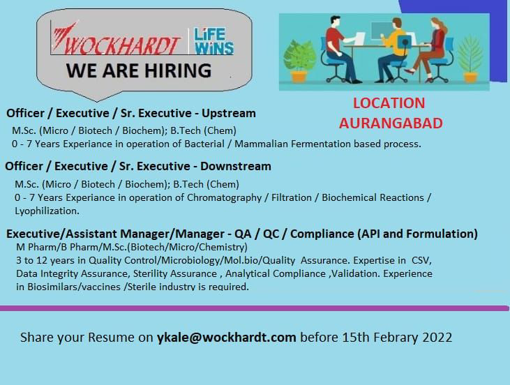 Job Availables,Wockhardt Job Vacancy For B.Tech Chemical/ B.Pharm/ M.Pharm/ MSc- Freshers/ Experienced