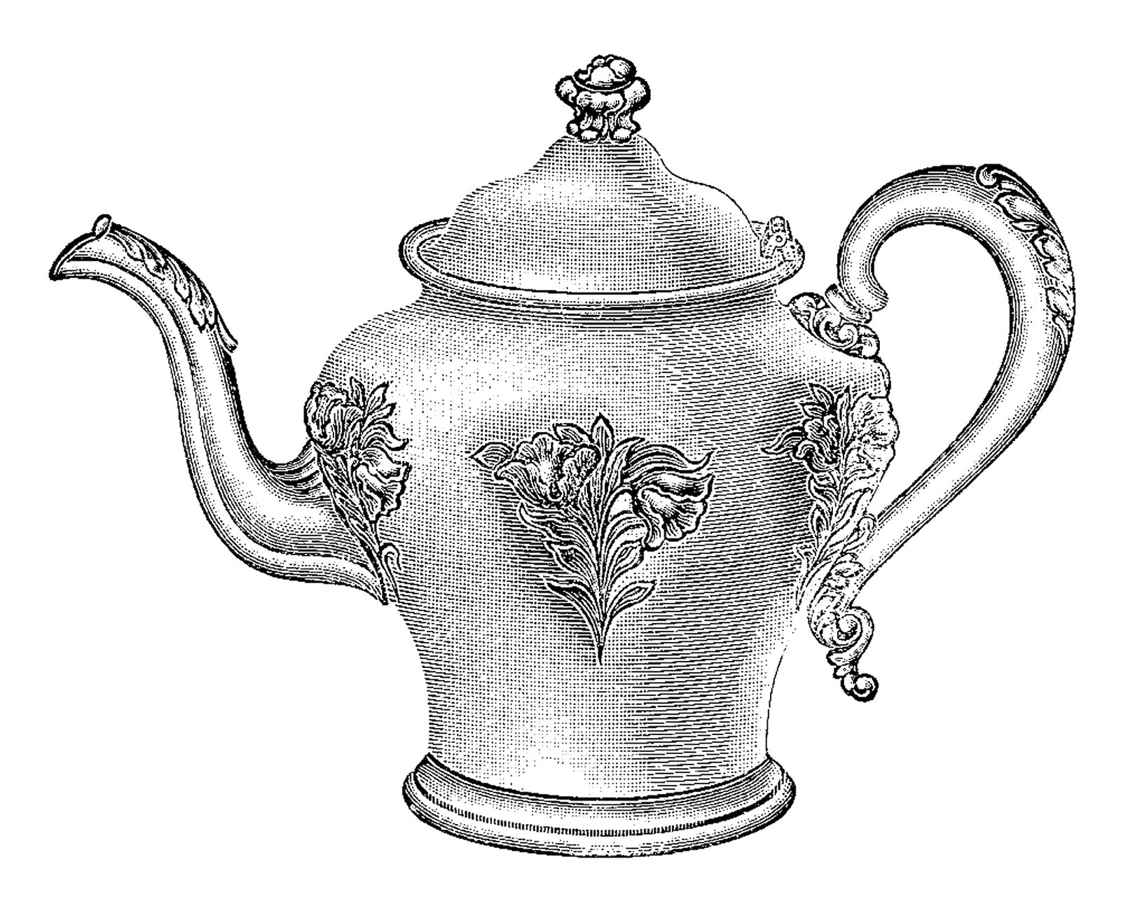 Digital Stamp Design: Free Teapot Digital Stamp: Vintage Teapot Illustration with Floral Pattern 