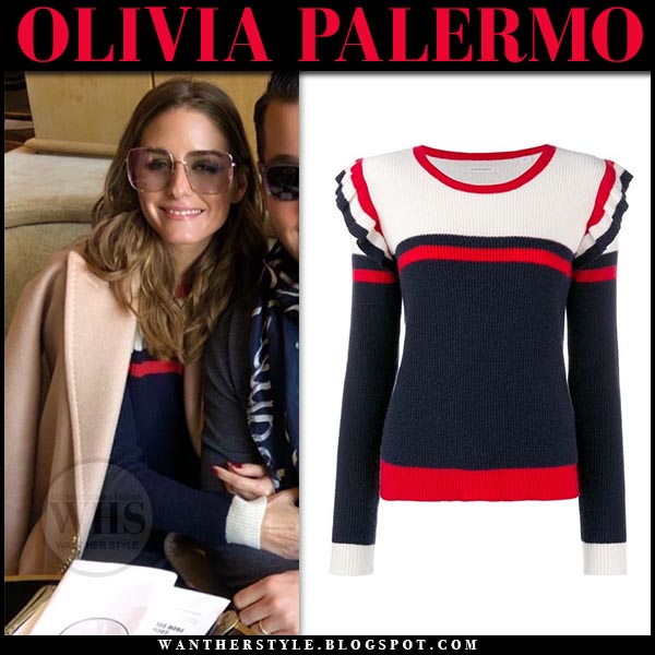 Olivia Palermo in camel coat and navy red and white frill sweater Chinti & parker. Paris fashion week outfit february