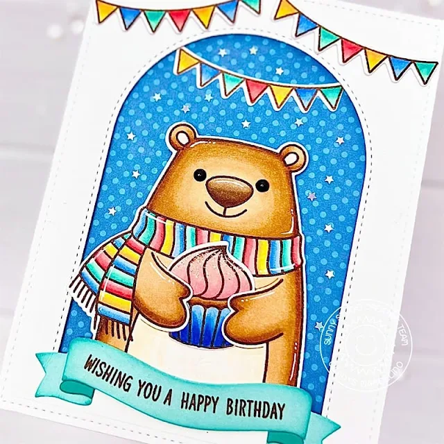 Sunny Studio Stamps: Holiday Hugs Birthday Card by Gladys Marcelino (featuring Stitched Arch Dies, Brilliant Banners)