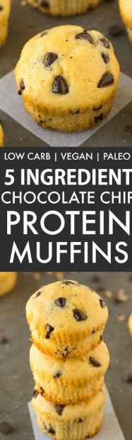 5 Ingredient Chocolate Chip Protein Muffins (GF, V, Paleo)- Healthy, 5-ingredient fluffy muffins loaded with chocolate chips and 100% guilt-free and low carb! 