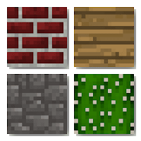 A group of four, default, Minetest textures - brick, wood, stone, and cactus.