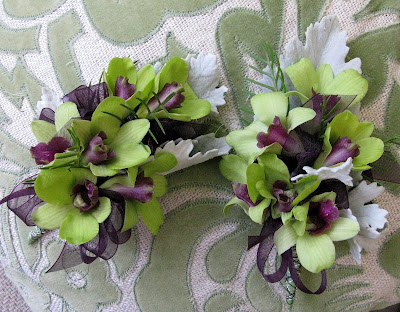 Green and purple dendrobium orchid corsages for the moms