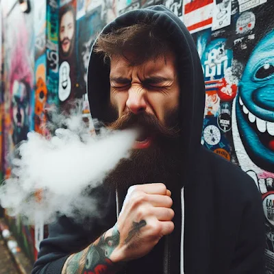 Man vaping and caughing