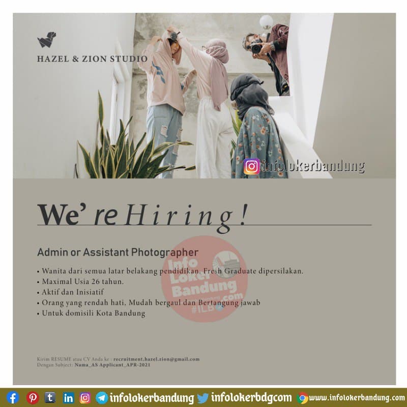 Lowongan Kerja Admin or Assistant Photographer Hazel & Zion Studio Bandung April 2021