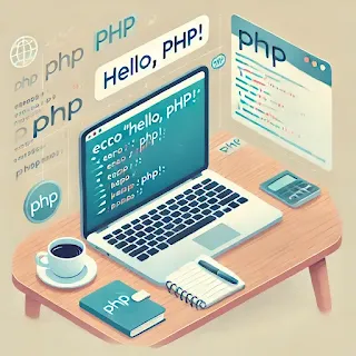 Ilustrasi lingkungan belajar PHP untuk pemula, menampilkan laptop dengan kode PHP sederhana, buku catatan, secangkir kopi, dan ikon PHP dalam desain modern dan bersahabat.