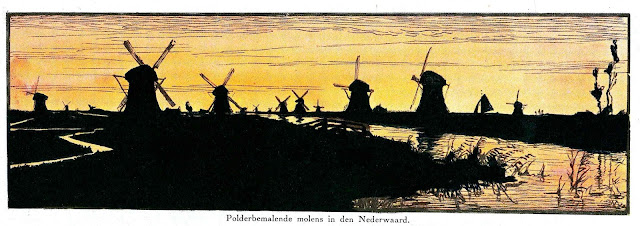 a color illustration of 1925 windmills in silhouette, Polderbemalende molens in den Nederwaard