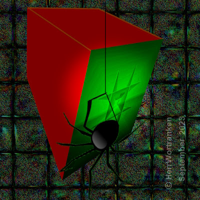 Drahtgitter. Davor quadratischer roter Würfel etwas verdreht, auf der Spitze stehend. Die dem Betrachter zugewandte Seite ist grün. Vom oberen Rand seilt sich eine Spinne ab.