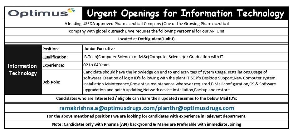 Job Available's for Optimus Drugs Job Vacancy for B Tech Computer Science/ IT