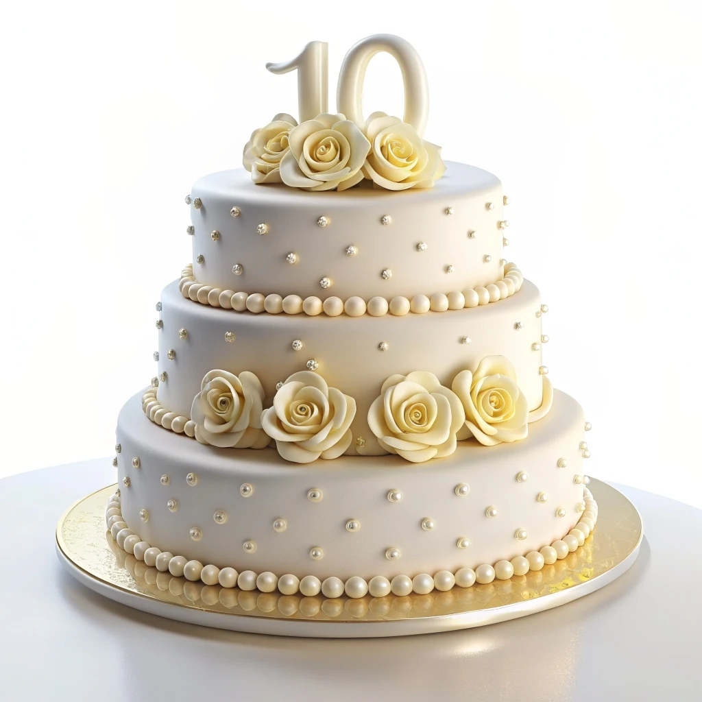  Pastel de aniversario de bodas de 10 años en color blanco decorado con rosas y perlas 