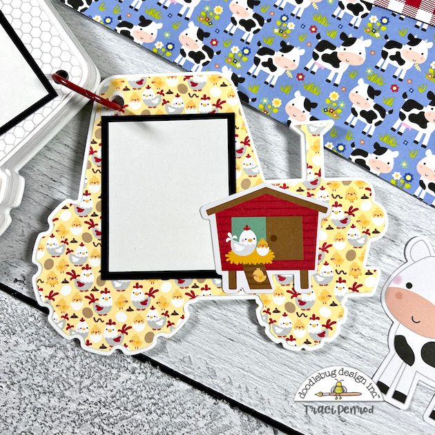 Tractor shaped farm scrapbook album page with chicken coop