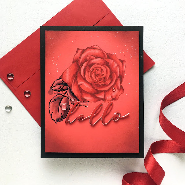 Altenew Rose Tea stamp, Monochromatic card, Red Rose card coloring, CAS card, Floral card, Quillish