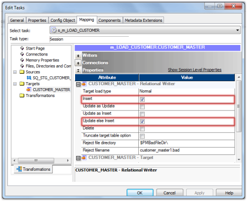 ... to set up the session for update and insert with out update strategy