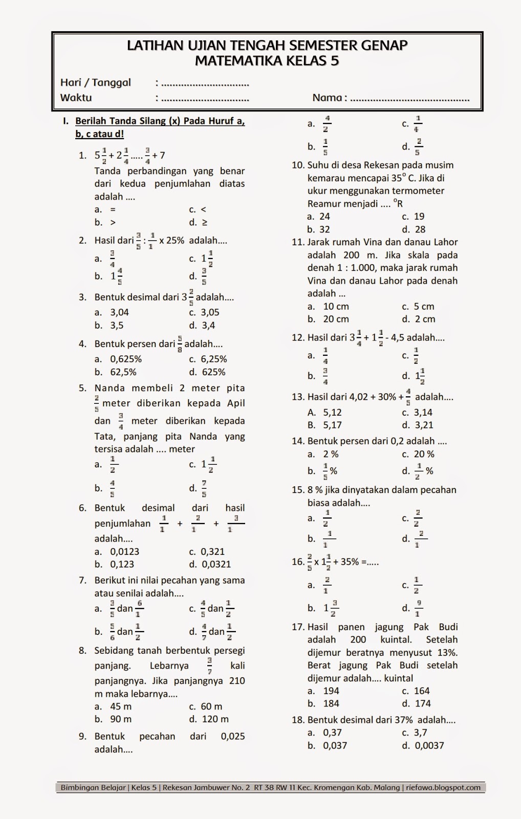 Soal Uts Matematika Kelas 5 Semester 2 Kurikulum 2013 Revisi Dan