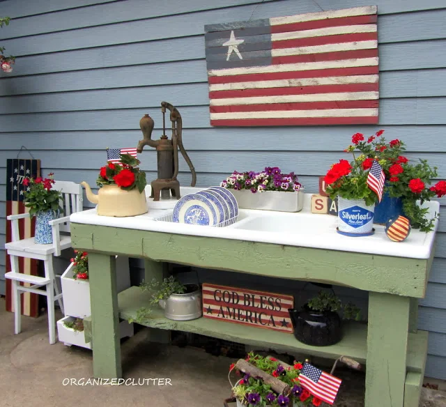 Red White & Blue 4th of July Potting Bench www.organizedclutterqueen.blogspot.com