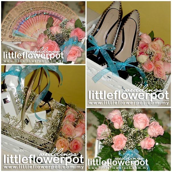 hantaran using fresh flowers the theme colors are pink and turquoise so