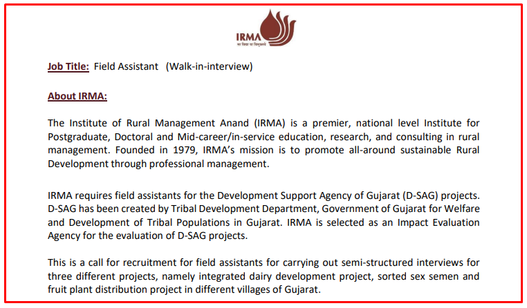 IRMA Recruitment for Field Assistant (D-SAG Project) Posts 2023