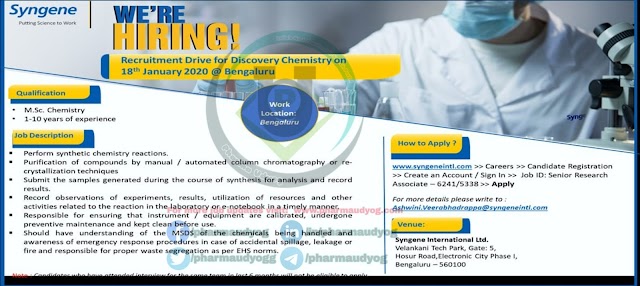 Syngene International | Walk-in for Discovery Chemistry on 18 Jan 2020 | Pharma Jobs in Bangalore