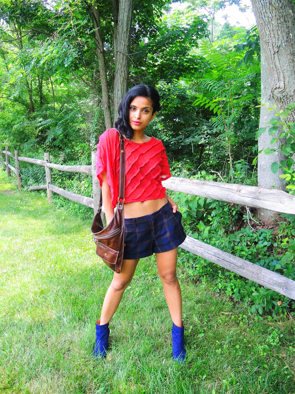 harem top, blue wool shorts, blue ankle booties