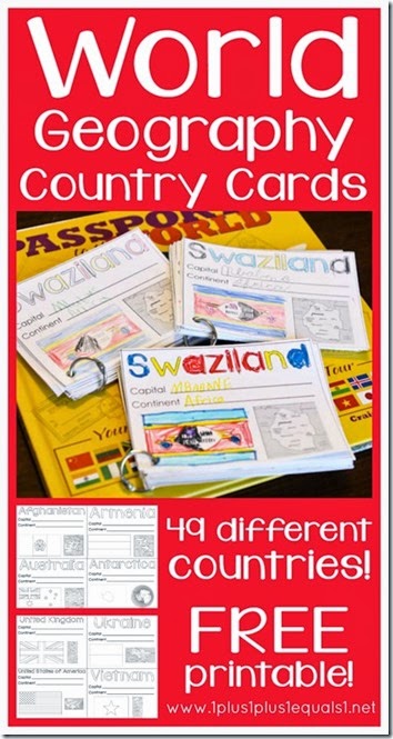 FREE Printable World Geography Country Cards - This is a great resource for homeschool kids from Kindergarten - 6th grade!