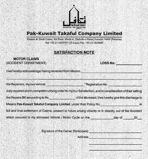 PAK KUWAIT TAKAFUL CLAIM FORM & SATISFACTION NOTE