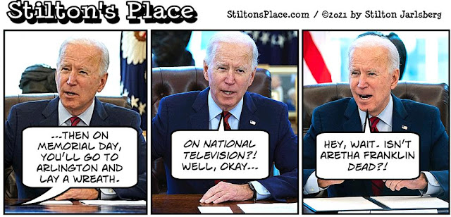 stilton’s place, stilton, political, humor, conservative, cartoons, jokes, hope n’ change, biden, Memorial Day, Arlington, wreath, Aretha Franklin