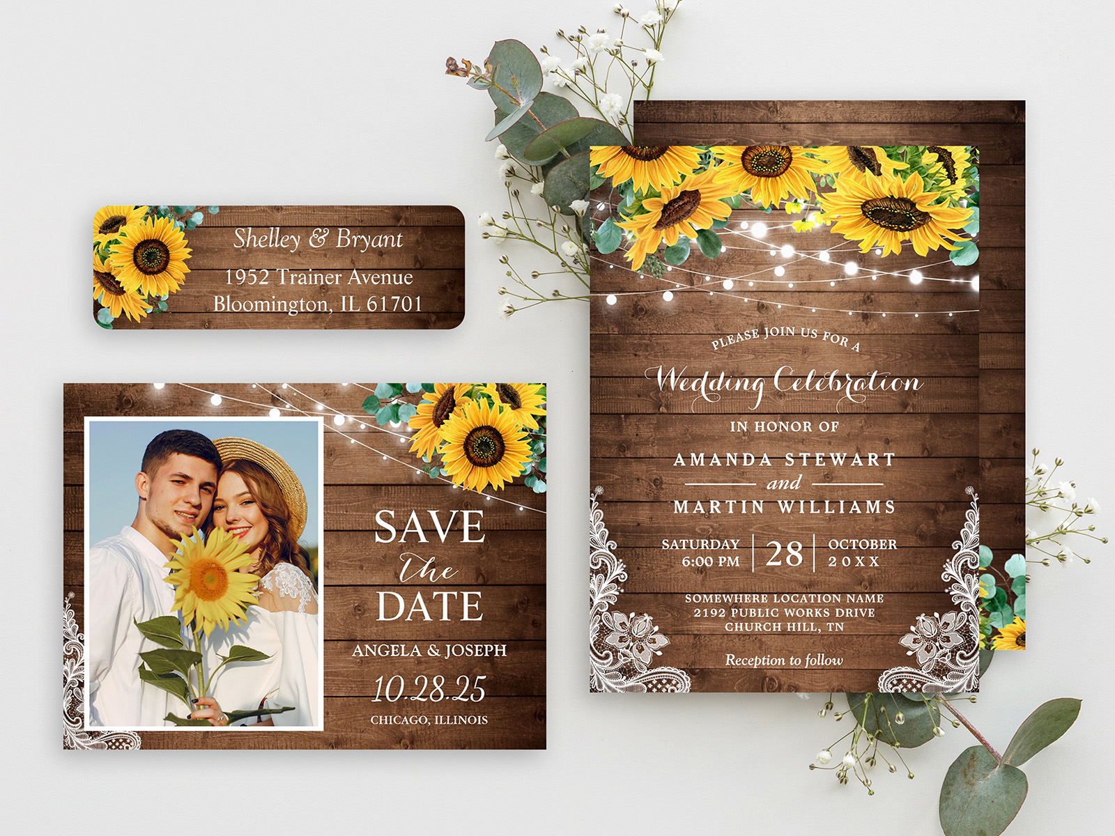  Rustic Sunflower String Lights Wedding Invitation Suite