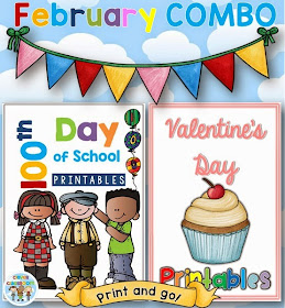 February COMBO 100th Day of School and Valentine's Day Printables