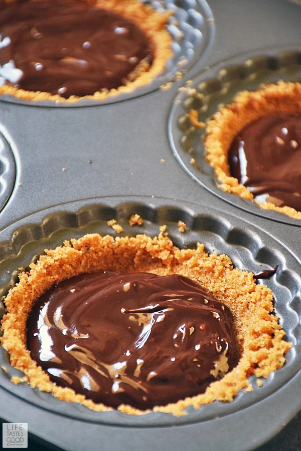 Chocolate ganache poured into crust