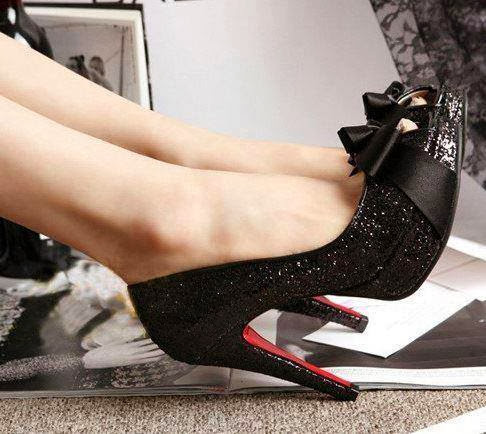 Dark Black High Heels With Bow