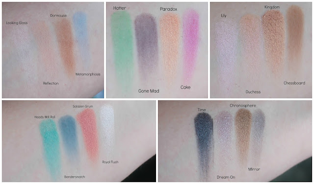 Photo collage of All of the eyeshadow swatches from the Urban Decay Alice Through The Looking Glass Palette