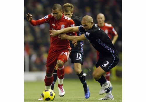 David Ngog and Luke Young, Liverpool - Aston Villa