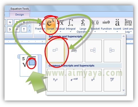  Gambar: Cara memilih superscript di equation editor Microsoft Word