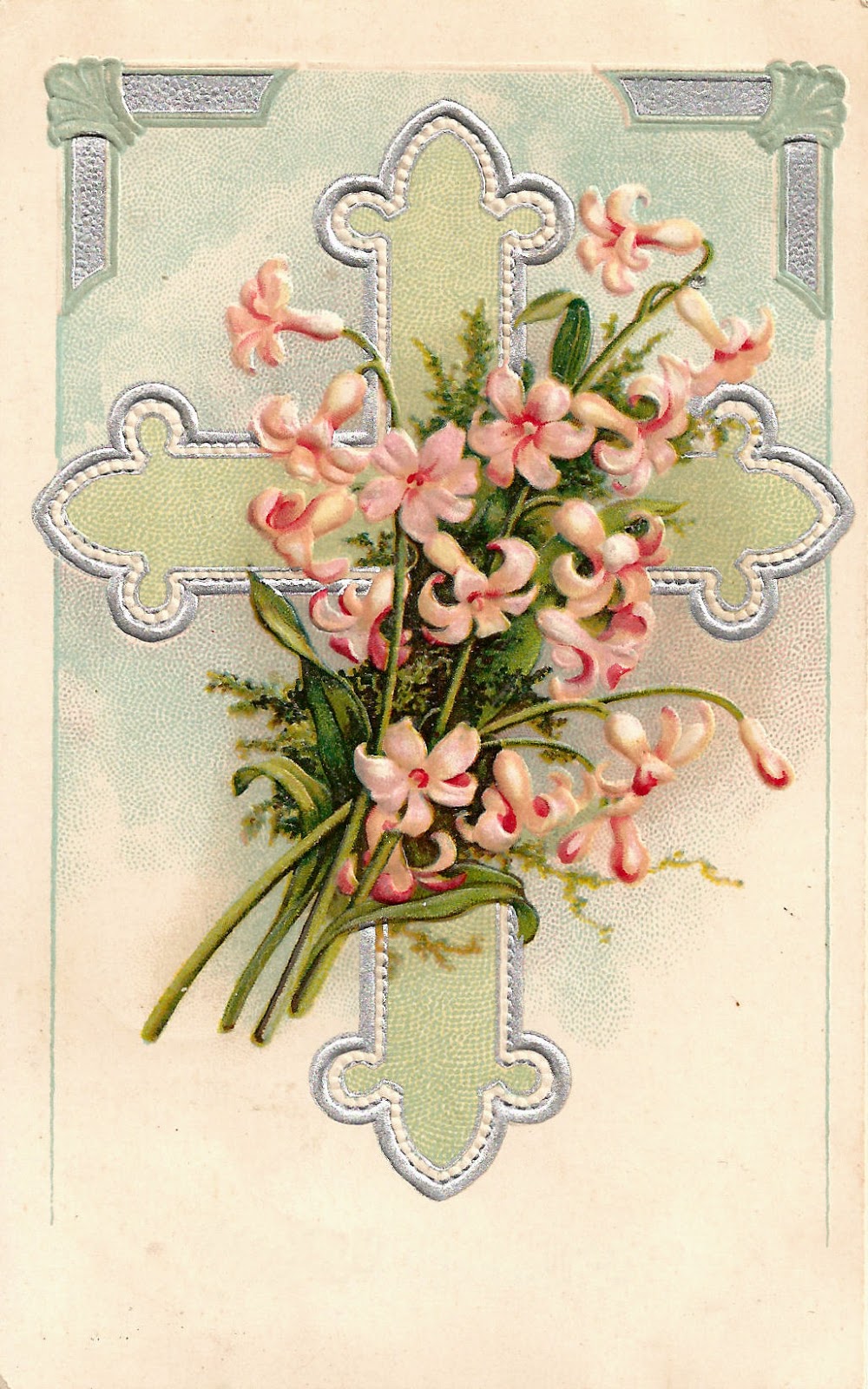 Antique Images: Free Easter Graphic: Vintage Easter Postcard with Cross and Pink Easter Lilies