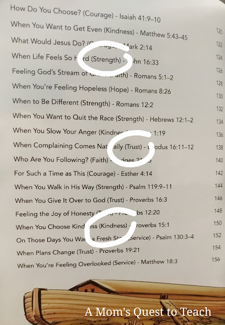 Table of Contents from The Action Bible Anytime Devotions with some key words circled