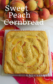 Food Lust People Love: The juicy fresh Georgia peaches inside and on top of this sweet peach cornbread make it super moist and absolutely delicious. You should use fresh sweet peaches when they are in season but you can certainly substitute canned peaches out of season.