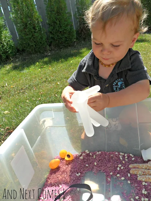 Toddler exploring materials in a Gruffalo sensory bin