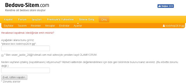 Bedava sitem hesabını silmek