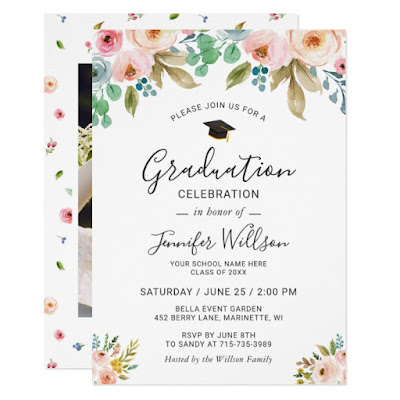  Watercolor Floral Girly Photo Graduation Party Invitation