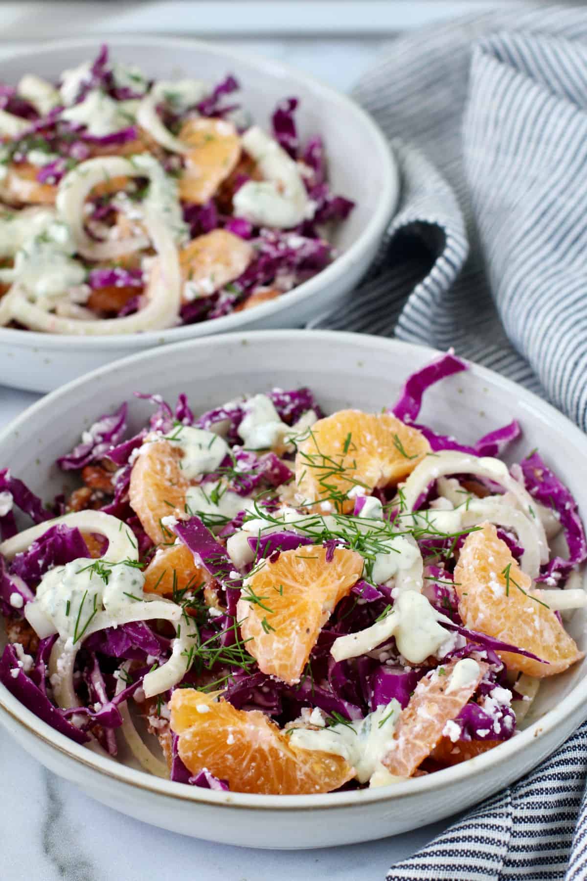 Fennel, Red Cabbage, Goat Cheese, & Citrus Salad in two bowls.