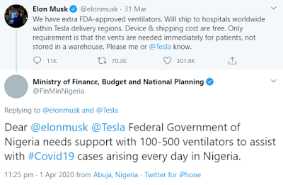 Nigerians Reacts as Ministry of Finance begs Elon Musk for ventilators