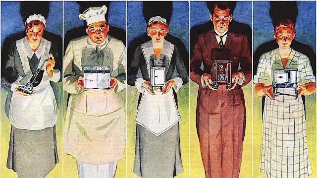 domestic servants holding miniature appliances, illustration of maid butler