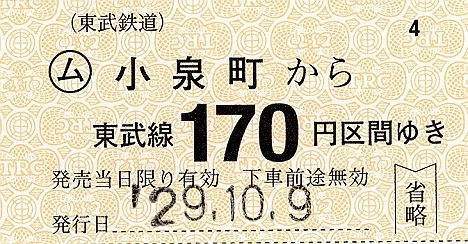 東武鉄道　常備軟券乗車券37　小泉線　小泉町駅(2017年)