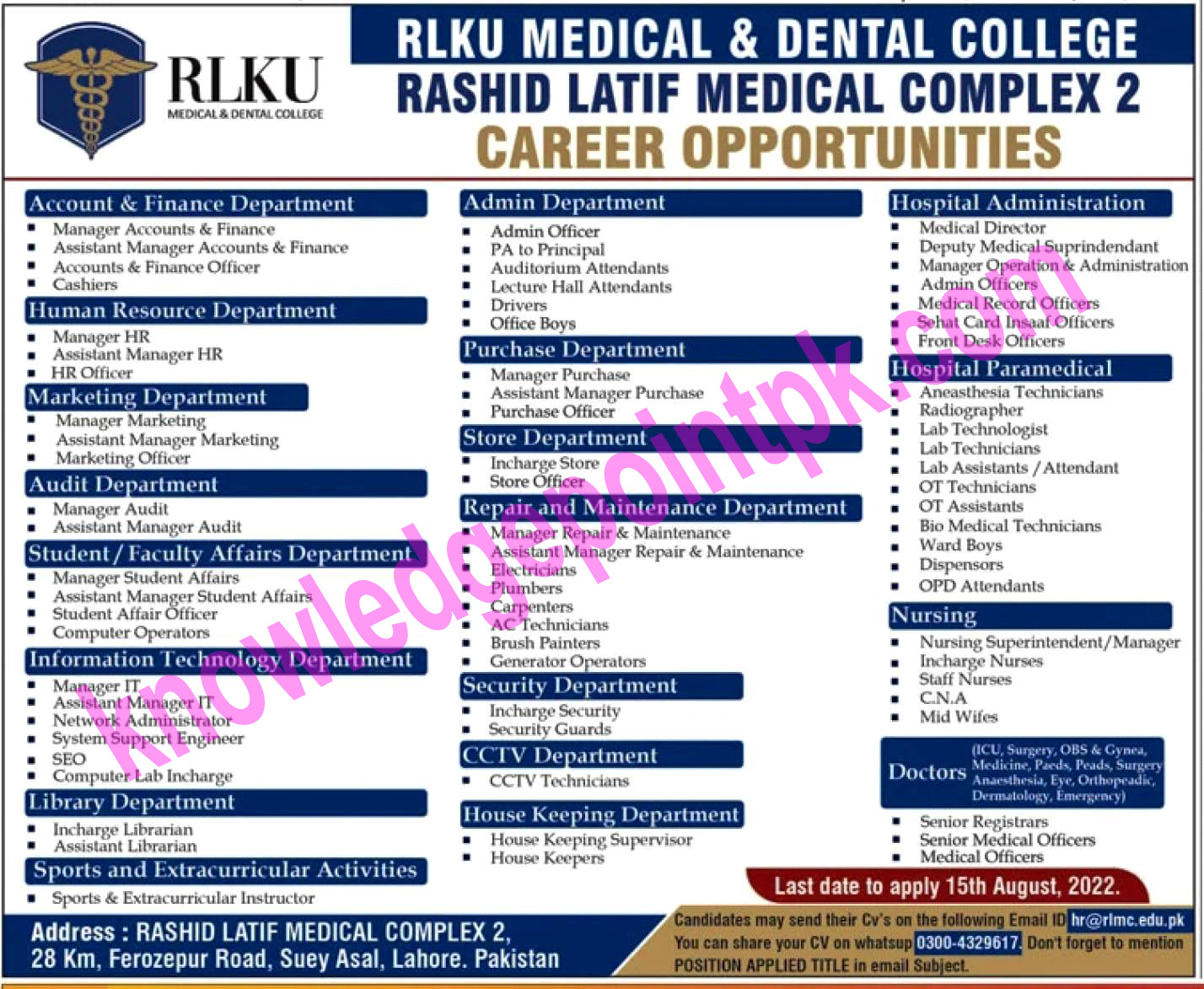 Rashid Latif Medical Complex Jobs 2022 - RLMC Announcement
