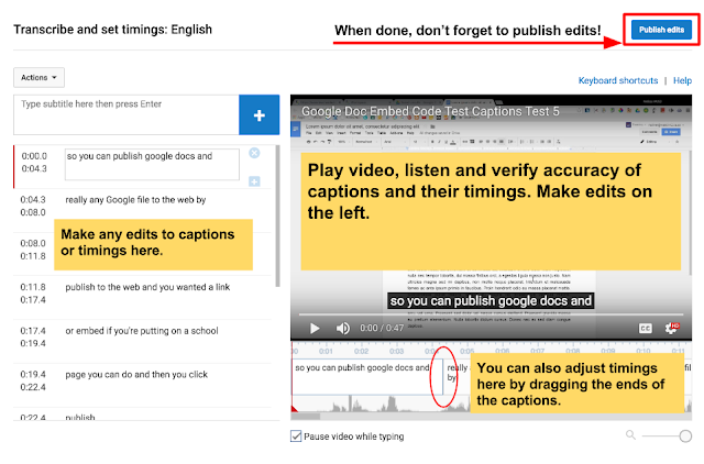 YouTube Captioning Interface with text on the left and video on the right