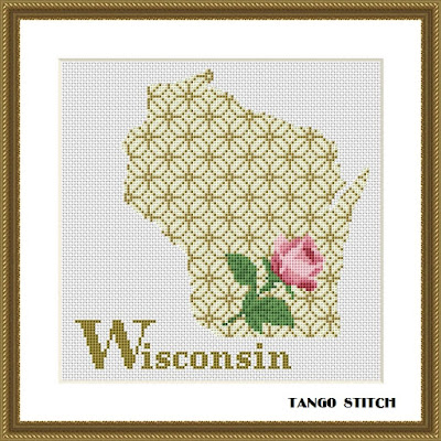 Wisconsin USA state rose flower map cross stitch pattern