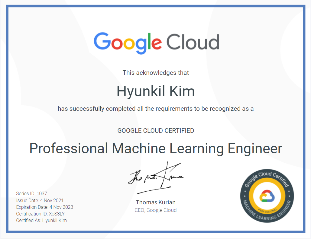 Image of Google Cloud certification awarded to Hyunkil Kim